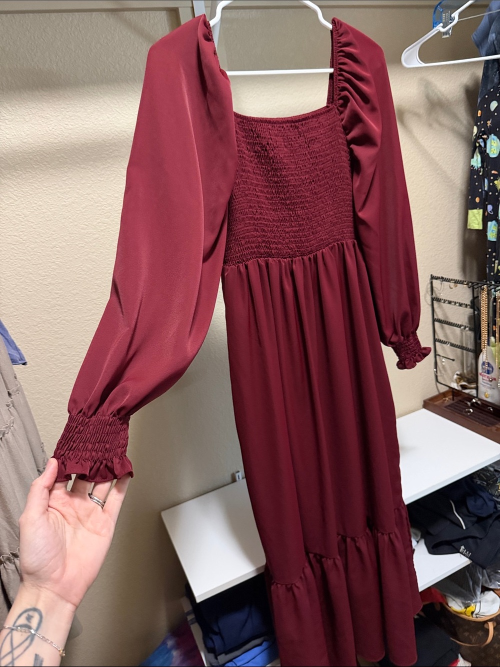 SHEIN Burgundy Long Sleeve Smocked Square-Neck Midi Dress - Picture 2 of 5